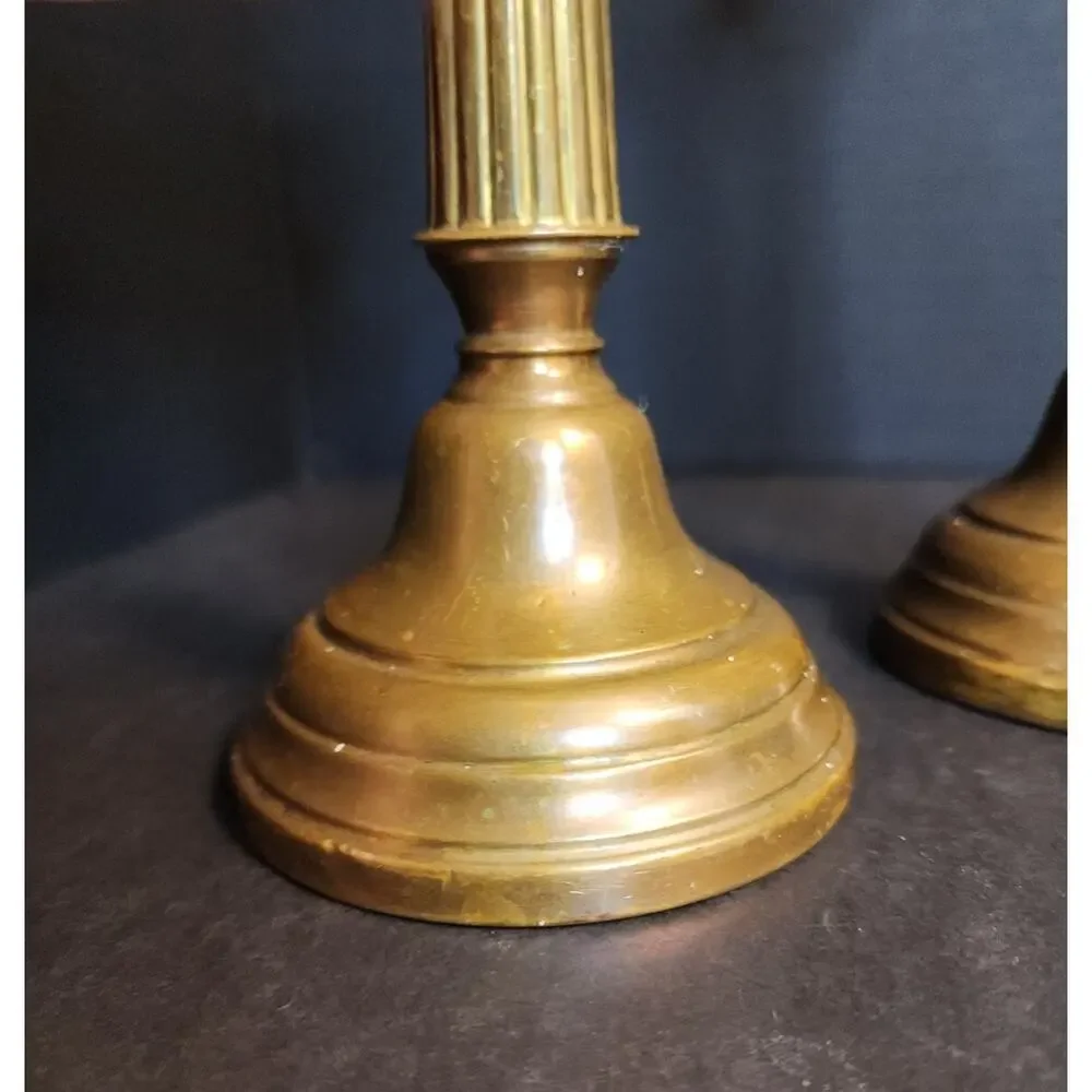 Pair of Antique Brass Candlesticks, Copper Weighted, Column Fluted 8.5